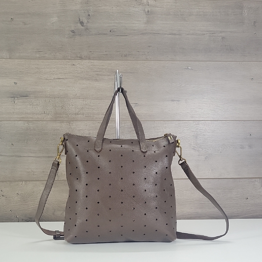 Madewell Taupe Brown Perforated Leather Tote Bag with Detachable Strap